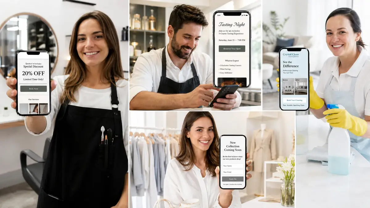 Various local business owners smiling while displaying mobile landing pages made with an AI campaign page builder.
