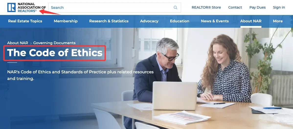 The National Association of Realtors Code of Ethics page, an essential link for realtor bio examples.