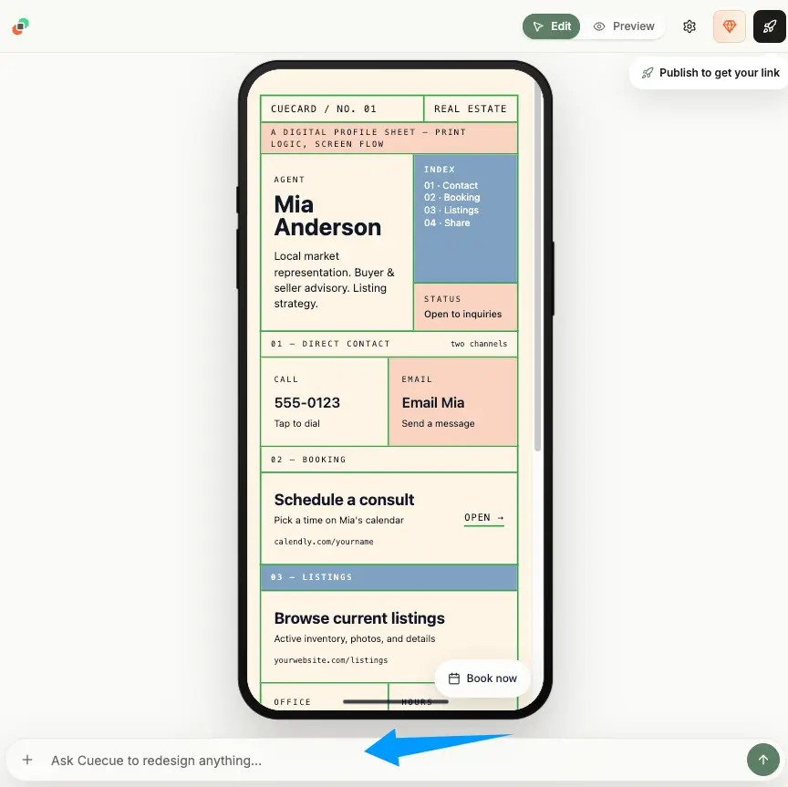 Smartphone mockup showing Mia Anderson’s clean digital real estate profile with contact, booking, and listings sections – excellent real estate bio examples for new agents.