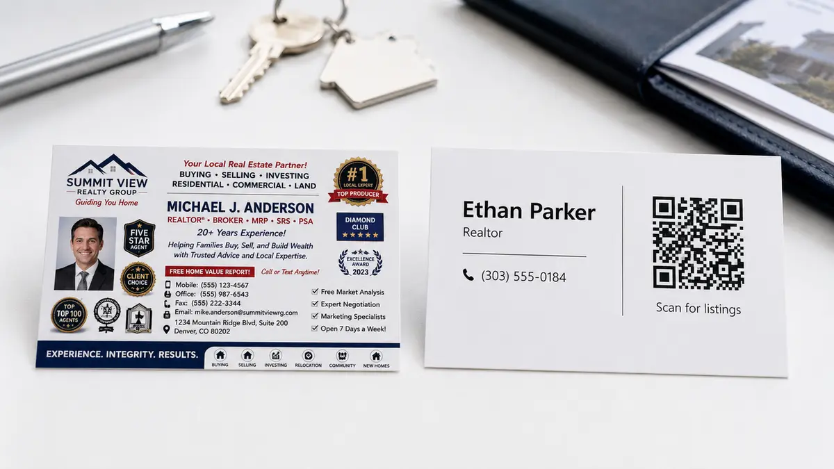 Explore traditional realtor business card ideas showing a professional headshot, trust badges, and QR code back.