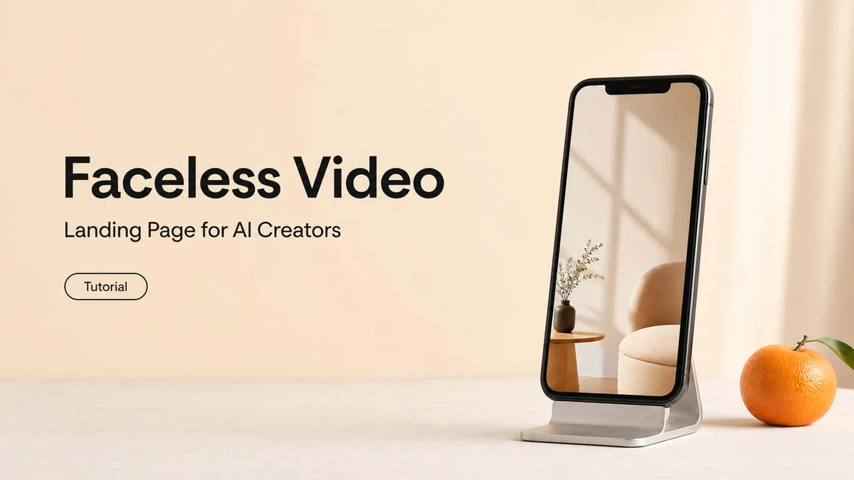 Modern faceless video landing page design showing a phone displaying minimalist aesthetic content for AI creators.