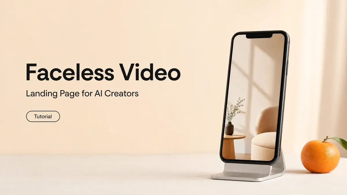 Modern faceless video landing page design showing a phone displaying minimalist aesthetic content for AI creators.