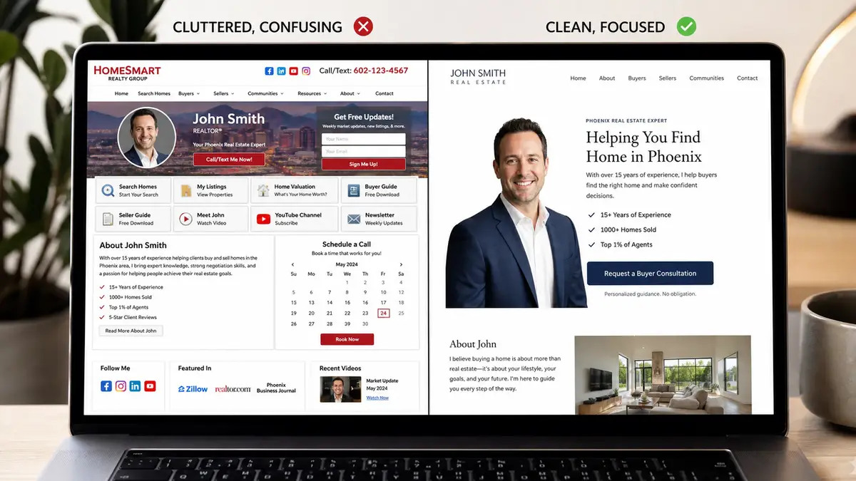 Side-by-side comparison showing cluttered confusing real estate website versus clean focused design. Professional example of how to write a real estate bio that builds trust and converts visitors.