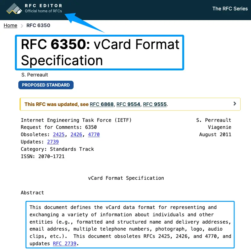 Technical specifications of RFC 6350, the foundation for digital business card QR code vCards