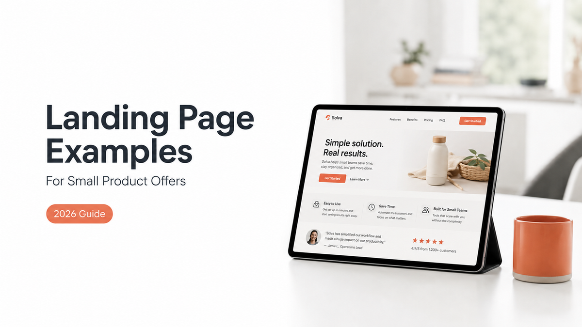 Desktop view of product landing page examples for small offers in a 2026 design guide.