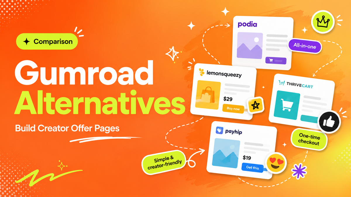 Comprehensive comparison of Gumroad alternatives including Podia, LemonSqueezy, ThriveCart, and Payhip for building creator offer pages with easy checkout and tax features.