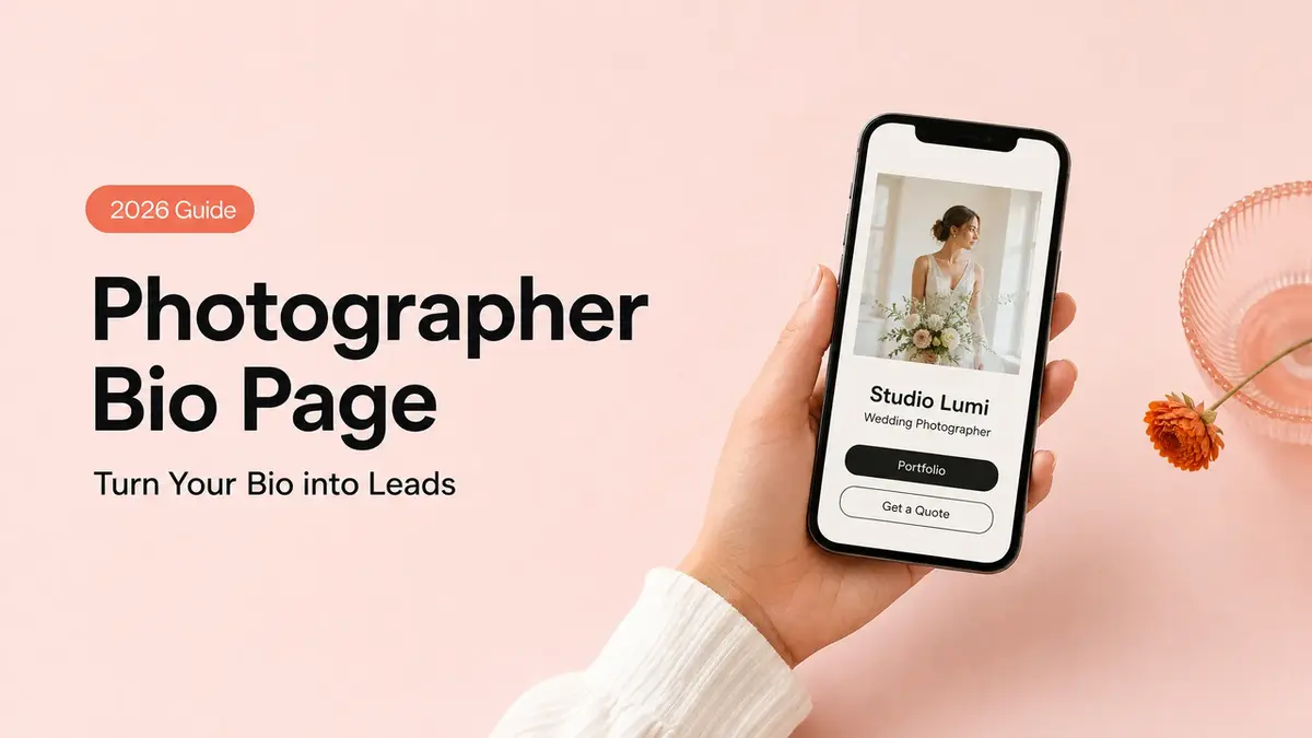 Professional example of an Instagram bio for photographer featuring a clean mobile profile for Studio Lumi wedding photographer with portfolio and quote buttons. 2026 guide showing how to optimize your Instagram bio for photographer leads.