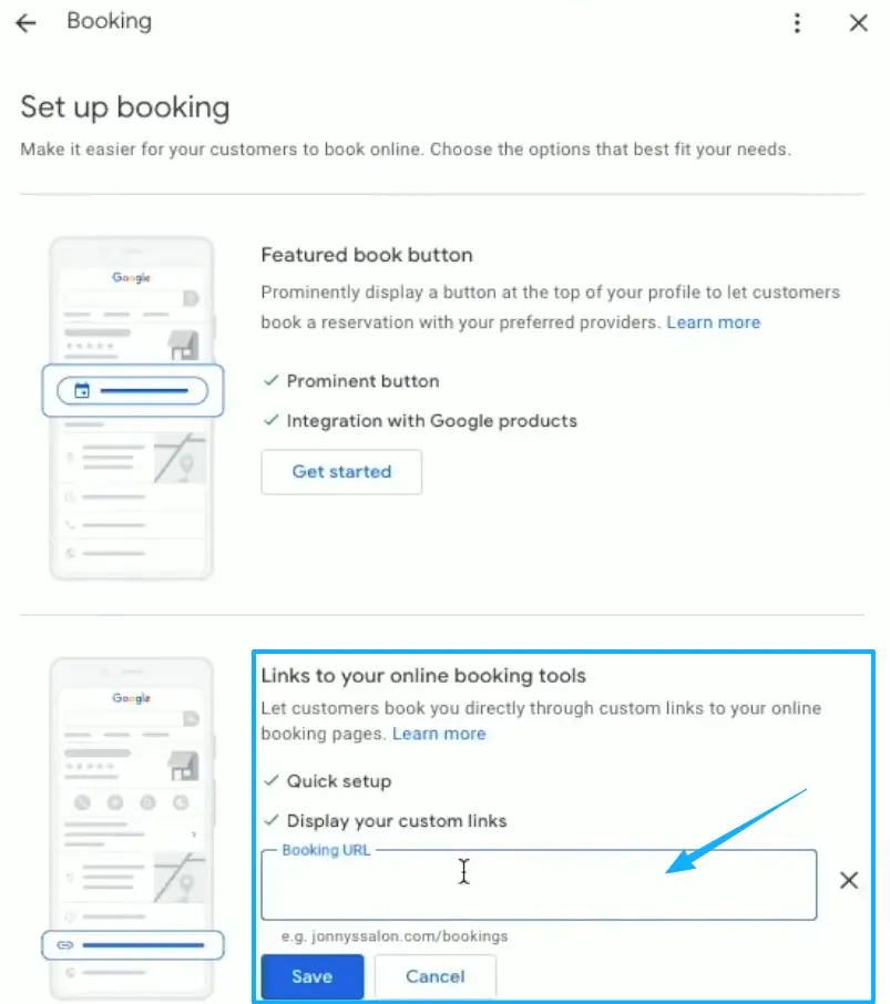 Google Business Profile setup page with a highlighted input field for an online booking page example URL.