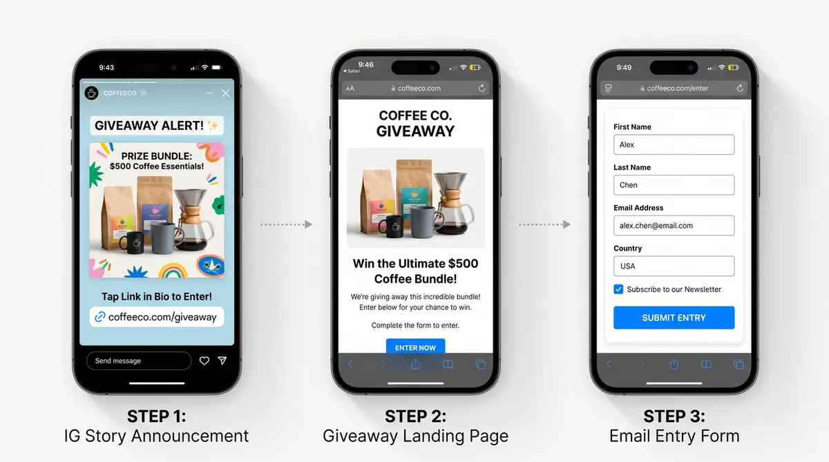 Three mobile screens showing the user journey from an Instagram story to a coffee giveaway landing page and email form.