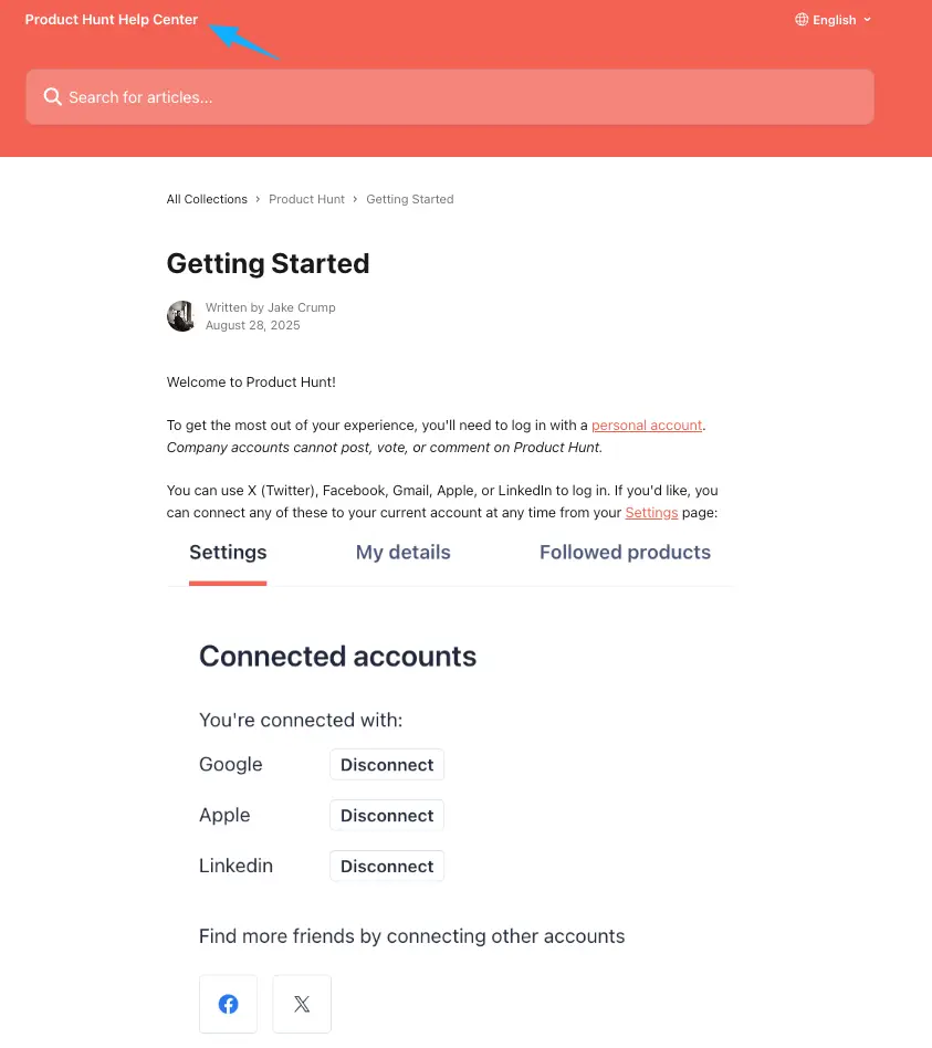 The Product Hunt Help Center guide on connecting social accounts to help promote your upcoming siri ai waitlist launch.
