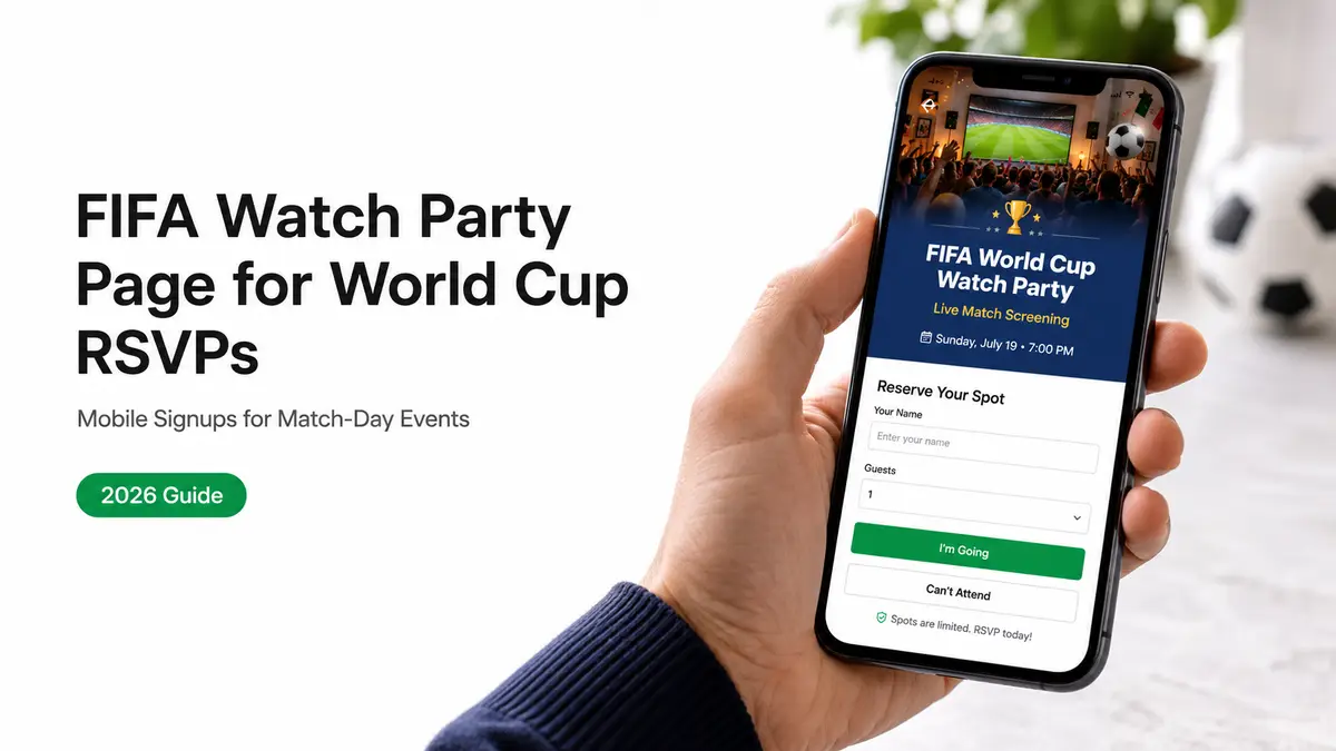 Mobile view of a sleek FIFA watch party page with live match screening RSVP form for the 2026 World Cup final. Easy signup for match-day events with limited spots.
