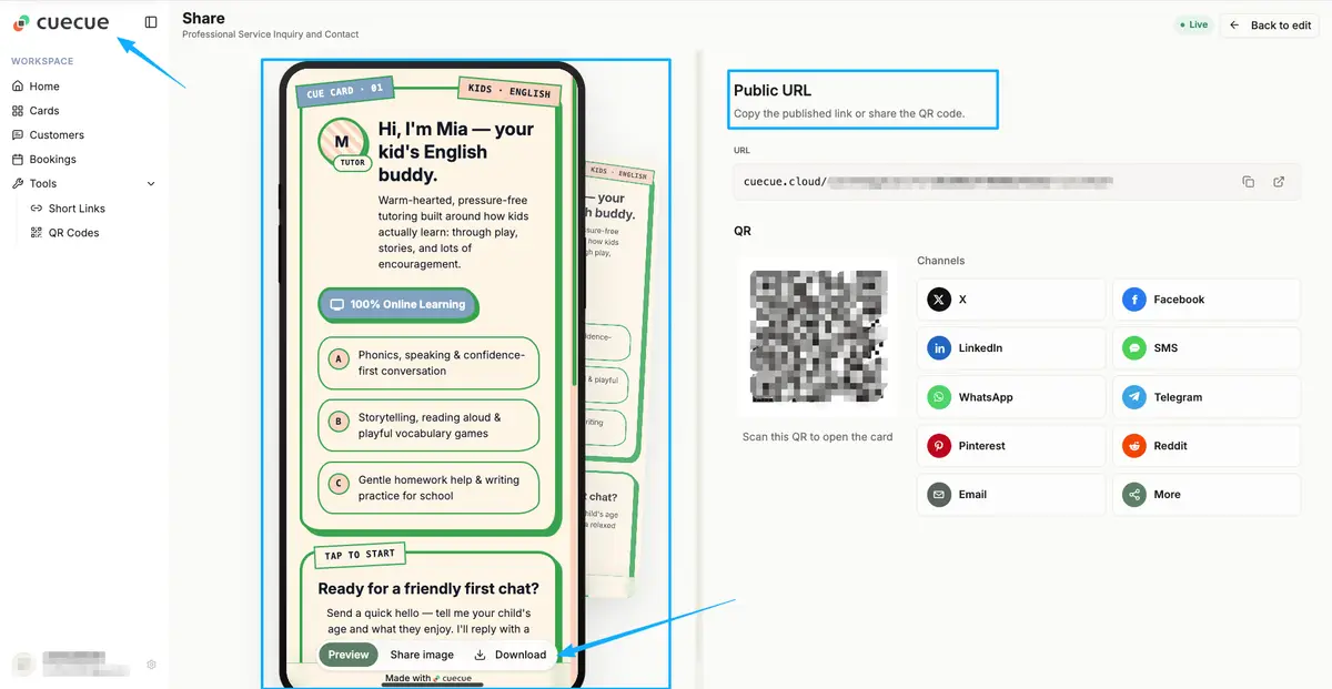 Backend interface showing tools to share a live tutoring booking page example via URL, QR code, and social links.