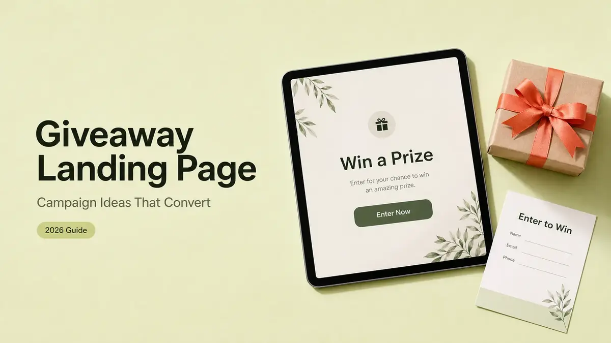 A 2026 guide and a tablet displaying a beautifully designed giveaway landing page next to a gift box and entry form.