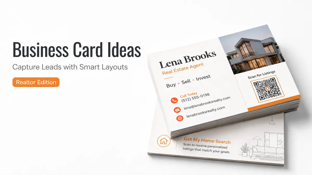 Modern realtor business card ideas featuring a smart layout with a property photo and scannable QR code for leads.