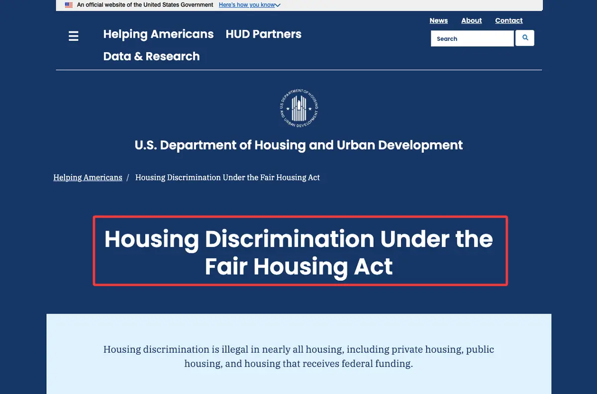HUD Fair Housing Act page, an essential compliance guide for writing an accurate real estate broker bio.