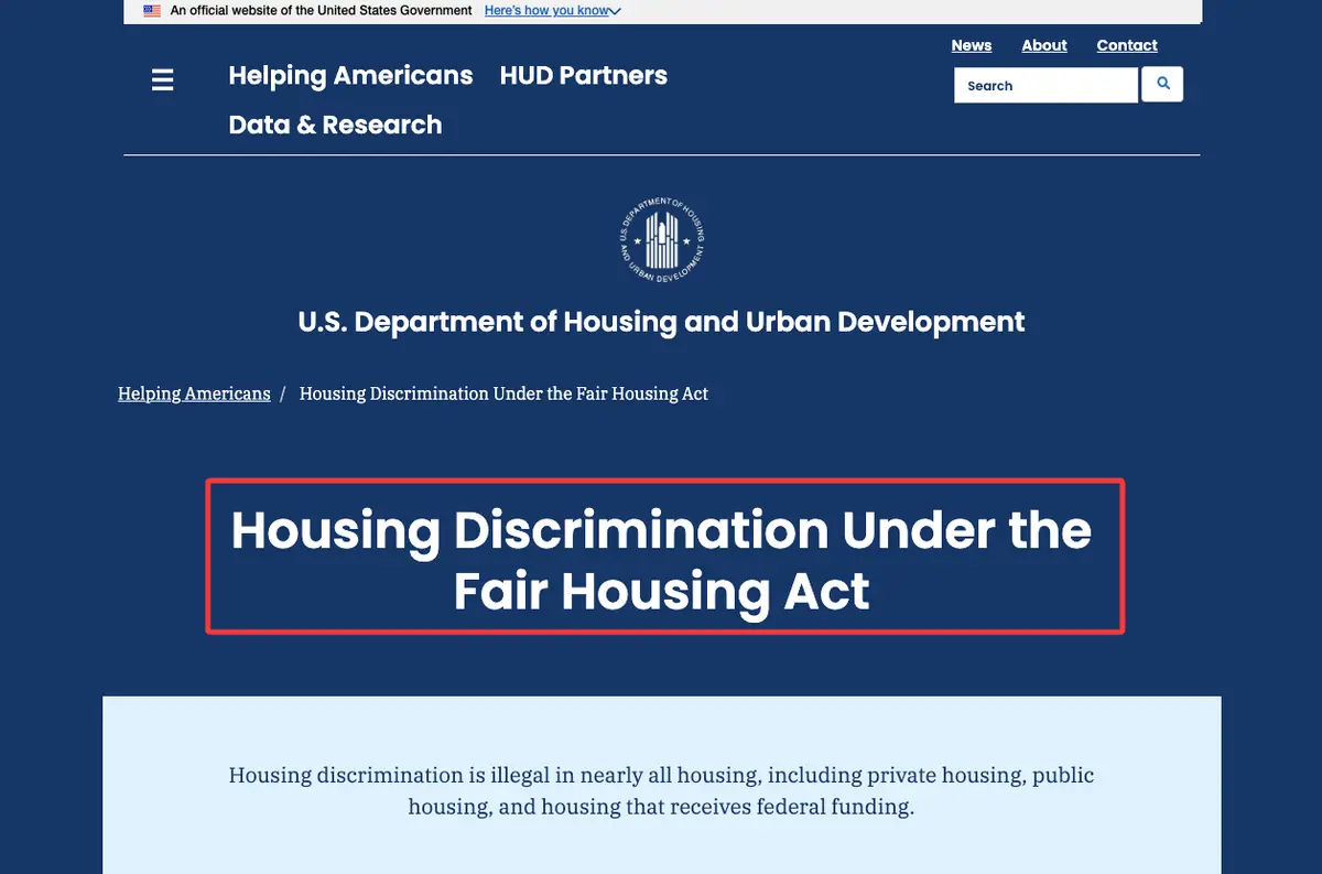 HUD Fair Housing Act page, an essential compliance guide for writing an accurate real estate broker bio.