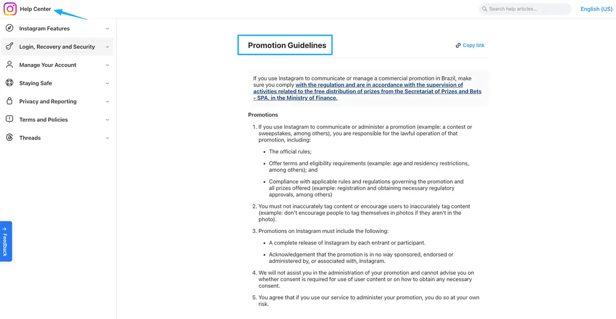 A screenshot of Instagram promotion guidelines to ensure your new giveaway landing page complies with social rules.