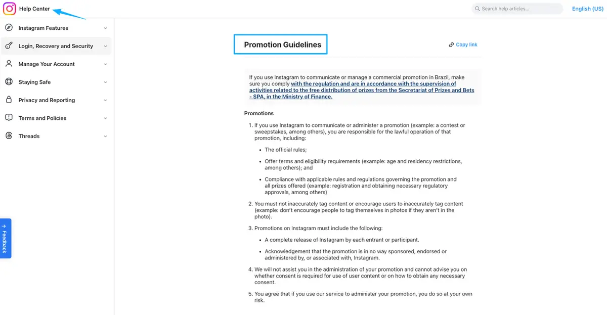 A screenshot of Instagram promotion guidelines to ensure your new giveaway landing page complies with social rules.