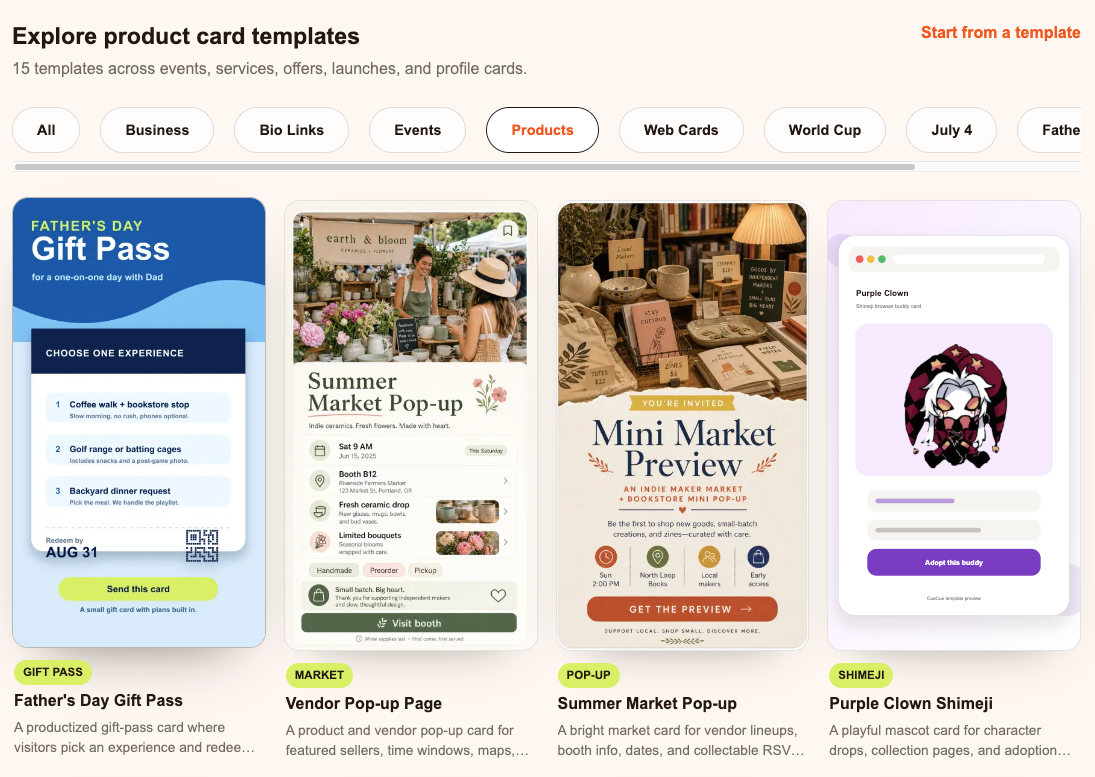 A selection of transactional and informative card templates, like 'Gift Pass' and 'Pop-up Page', offered by some linktree alternatives.