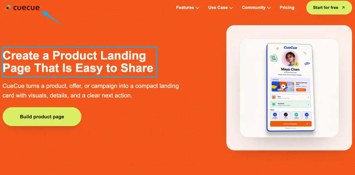 The Cuecue software website interface demonstrating how easily you can build a highly visual giveaway landing page.