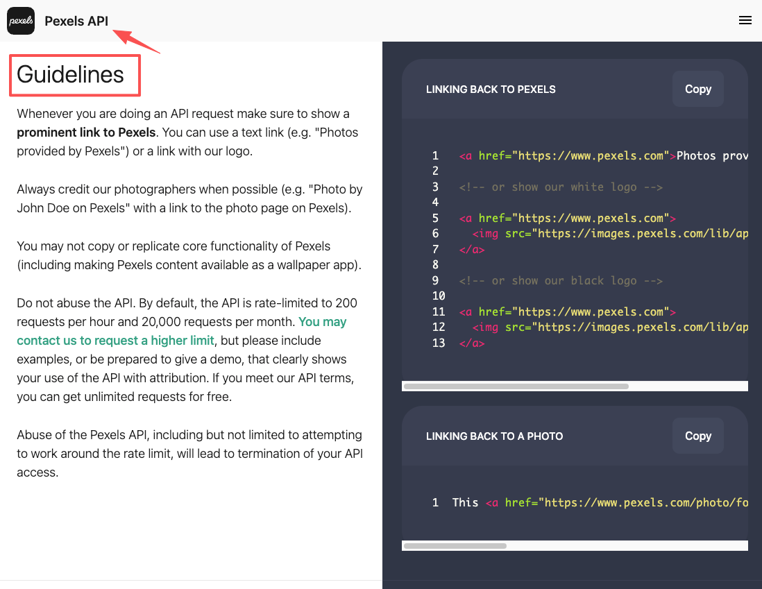 Pexels API guidelines showing proper attribution rules when sourcing media for your video campaign page.