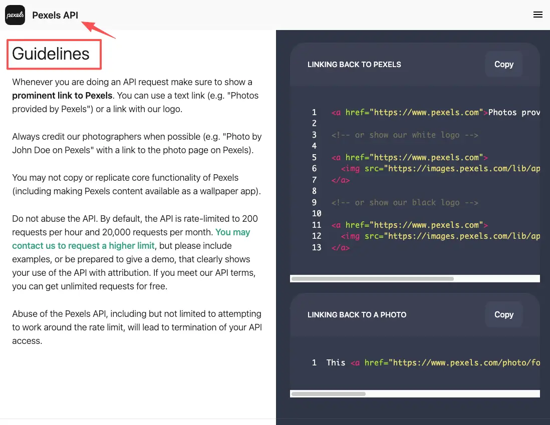 Pexels API guidelines showing proper attribution rules when sourcing media for your video campaign page.