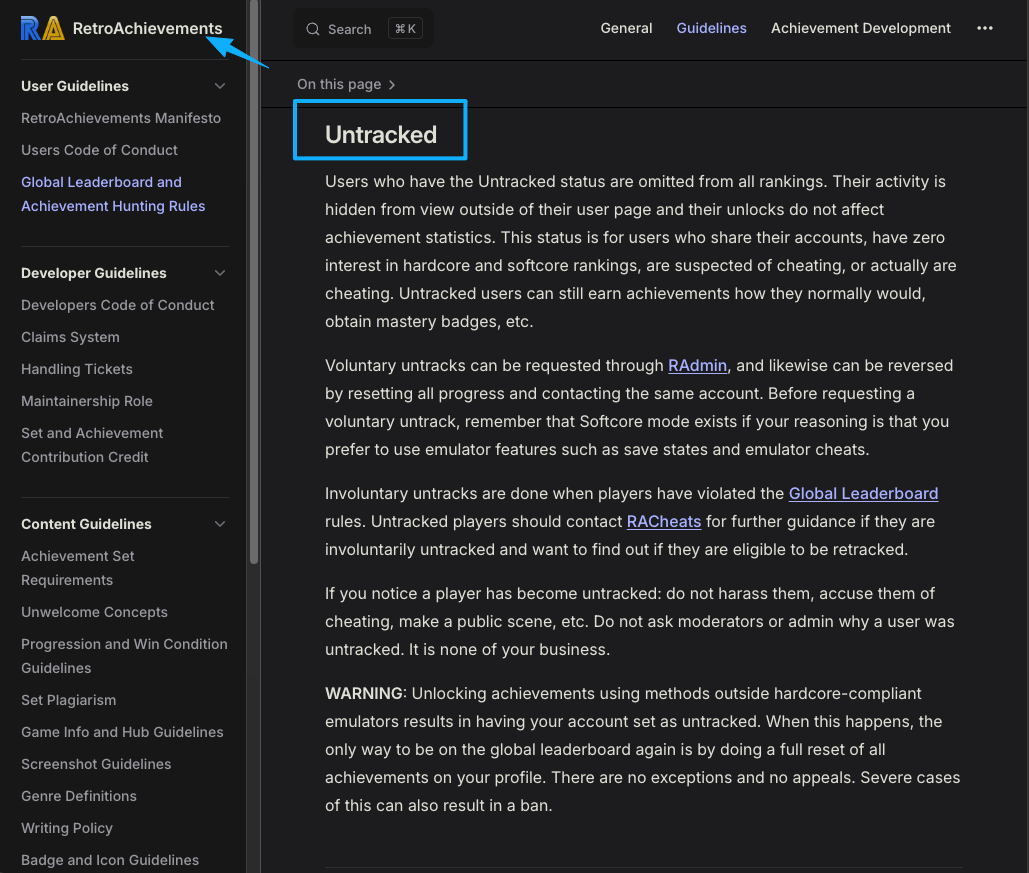 Official guidelines explaining the untracked status rules that can affect your global retroachievements profile.