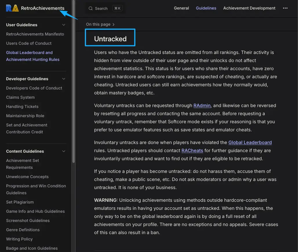 Official guidelines explaining the untracked status rules that can affect your global retroachievements profile.