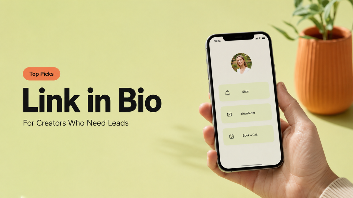 A mobile phone displaying the best link in bio for creators designed to capture leads, newsletter signups, and calls.