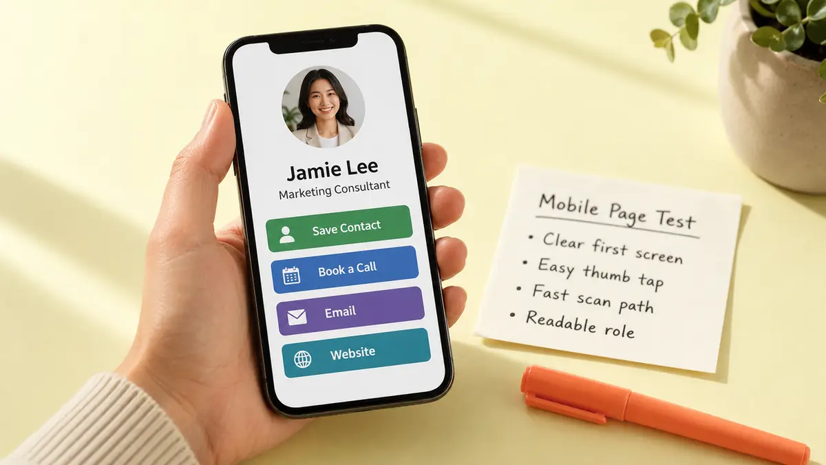 Hand holding a smartphone displaying a well-designed profile from a digital business card platform for easy contact.