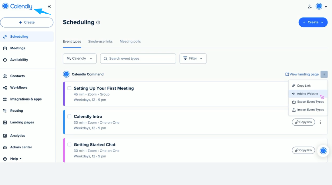 Calendly scheduling tool interface, a key feature to check in Podia alternatives.