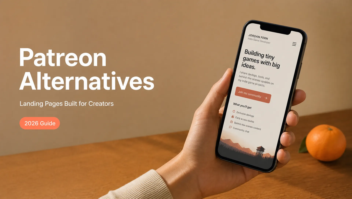 A hand holding a smartphone displaying a 2026 guide on patreon alternatives with landing pages built for creators.