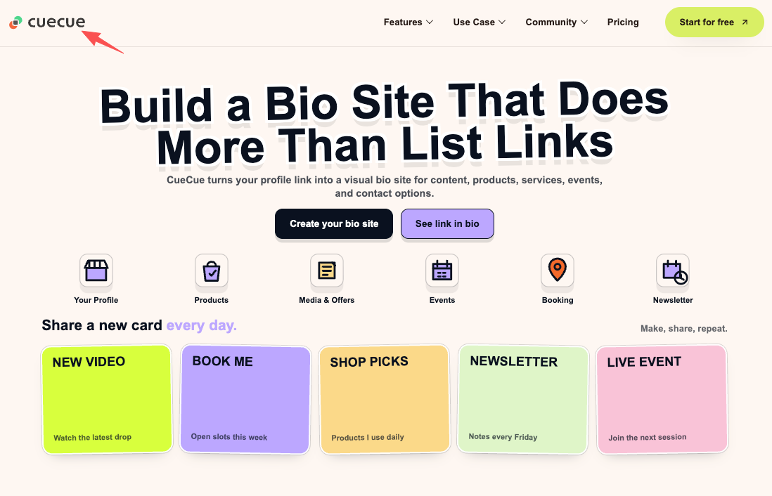 CueCue bio site builder interface showing how MoneyPrinterTurbo creators can build beautiful visual profile pages with cards for new videos, products, events, and newsletters.