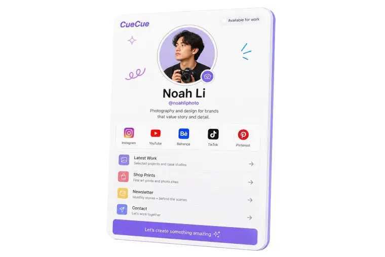 Professional UGC creator profile example on CueCue featuring Noah Li, photographer and designer. Shows how to become a UGC creator with polished bio, social links, latest work sections, and call-to-action for brand partnerships.