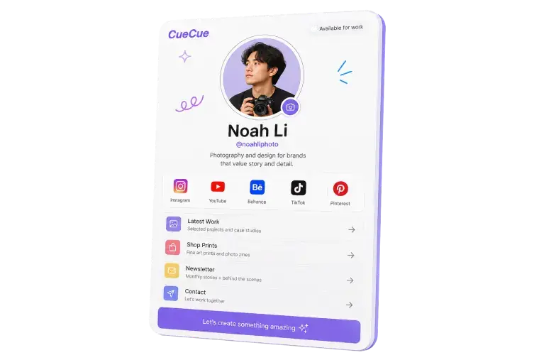 Professional UGC creator profile example on CueCue featuring Noah Li, photographer and designer. Shows how to become a UGC creator with polished bio, social links, latest work sections, and call-to-action for brand partnerships.