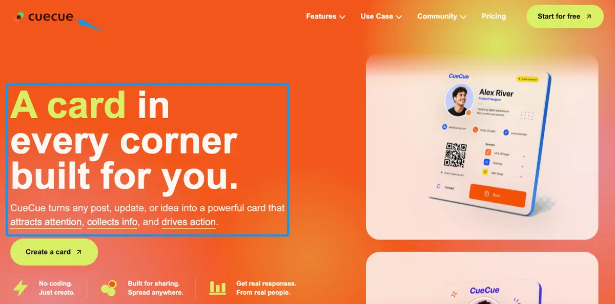 CueCue website homepage offering digital solutions to promote real estate sayings for business cards and drive action.