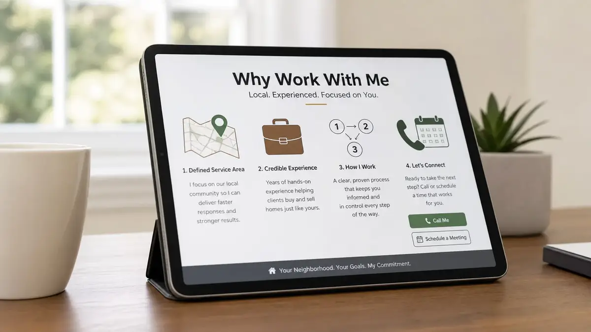 Tablet displaying a clean “Why Work With Me” section as part of real estate bio examples for new agents, highlighting local expertise, experience, and clear call-to-action buttons.
