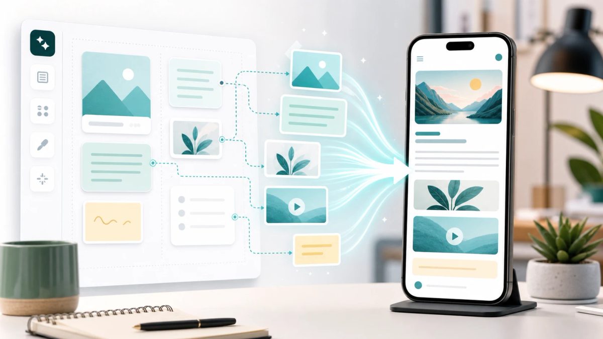 Web card workflow connecting AI drafted content to a published mobile card