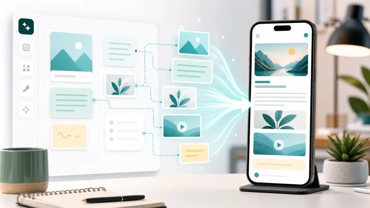 Web card workflow connecting AI drafted content to a published mobile card