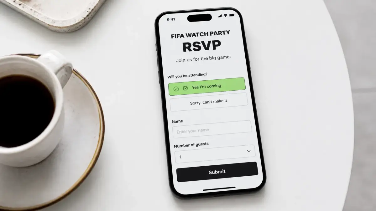 Clean mobile FIFA watch party page RSVP screen on a smartphone with “Yes I’m coming” option, ideal for effortless signups to World Cup viewing parties.