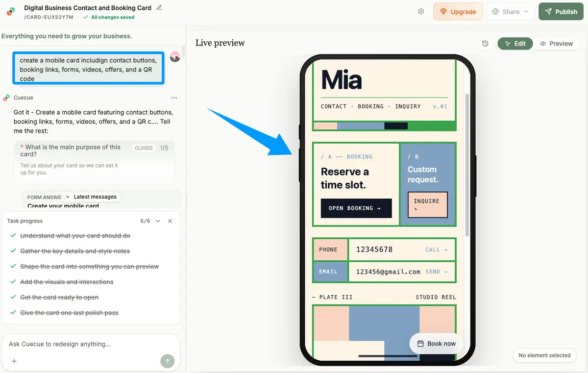 Screenshot of a design platform interface guiding users on how to make a digital business card, with a phone preview.