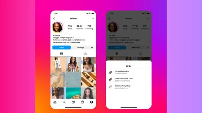 Instagram link-in-bio screen showing social selling options in Podia alternatives.