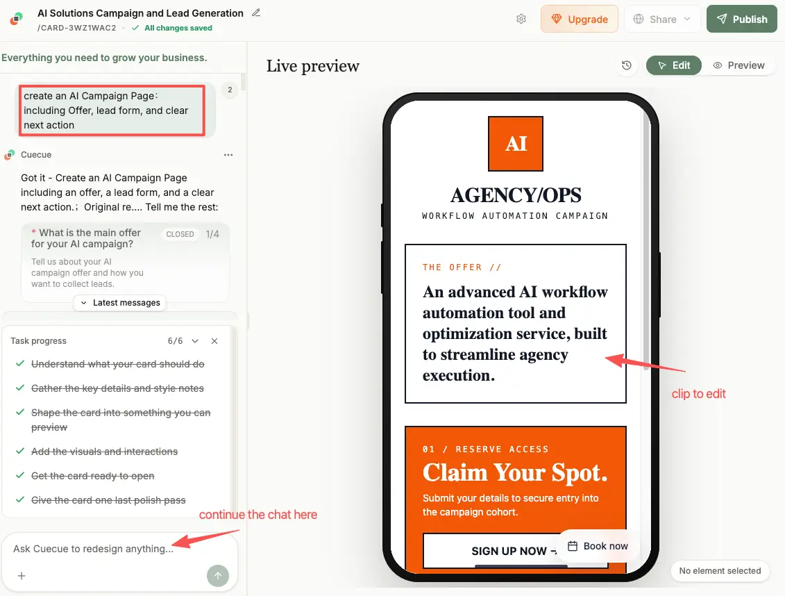 Inside the dashboard of an AI campaign page builder, showcasing prompt-based generation and a live mobile preview.