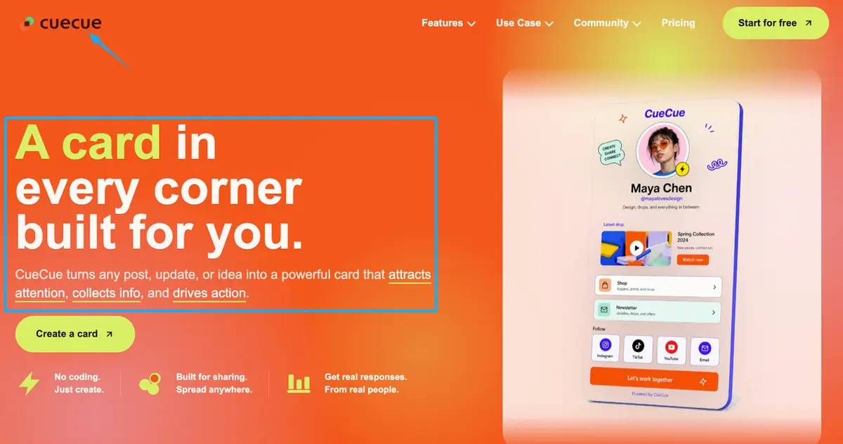 The CueCue homepage showcases customizable creator cards, making it an excellent buy me a coffee alternative for portfolios.