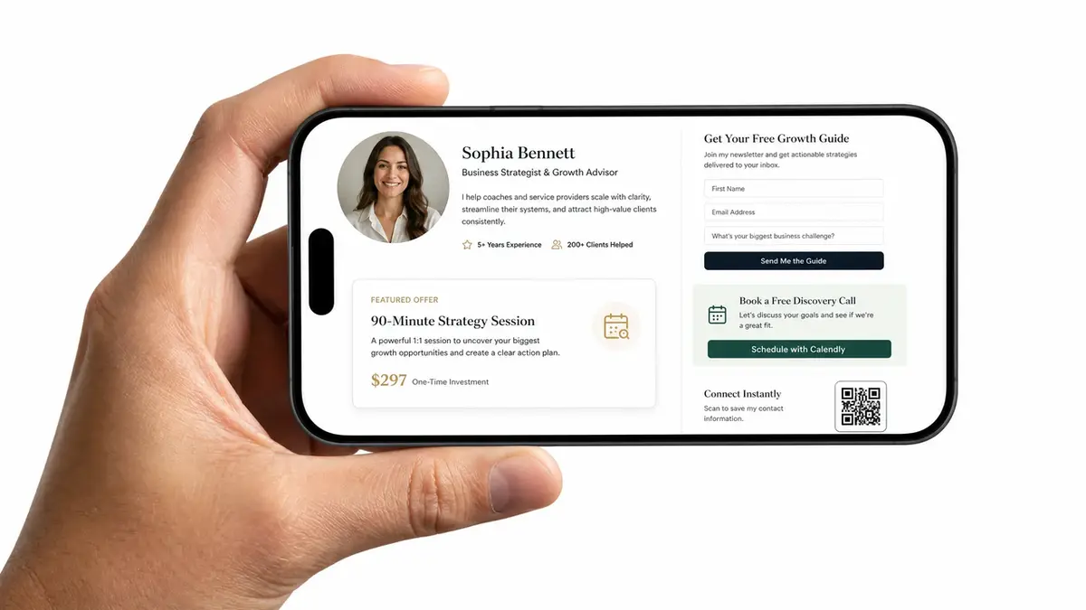 A hand holds a phone showing a complete business coach's AI action page with growth guides and strategy session offers.