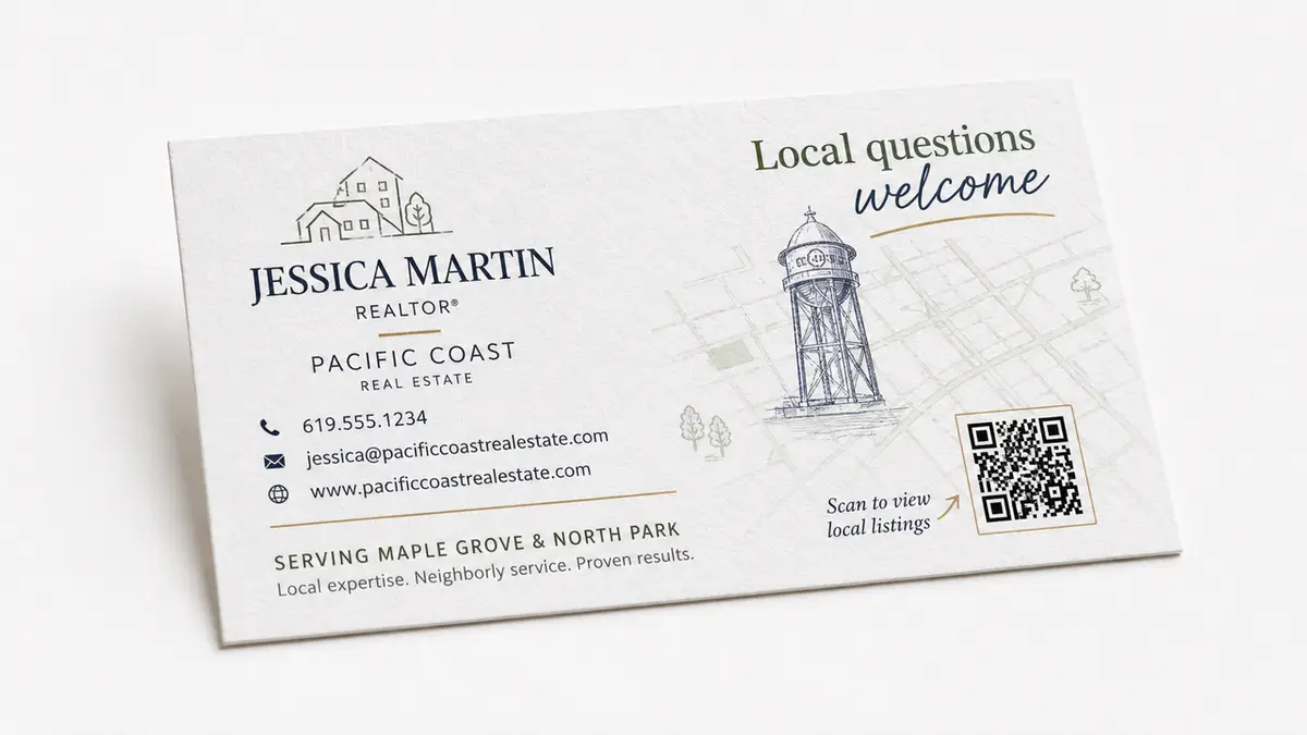 A sample of Creative Real Estate Business Cards That Convert, showing local area expertise and a helpful QR code for property listings.