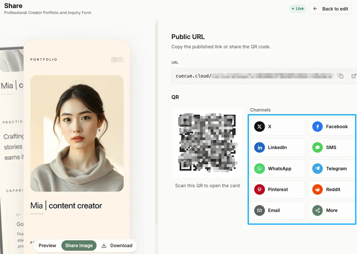 Easily share the best link in bio for creators using custom URLs and QR codes across all major social media networks.