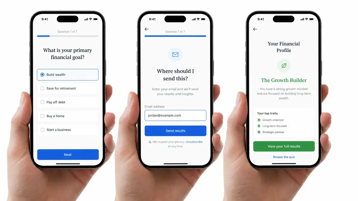 Three mobile screens display the user journey of a financial quiz lead magnet, from answering questions to email capture.