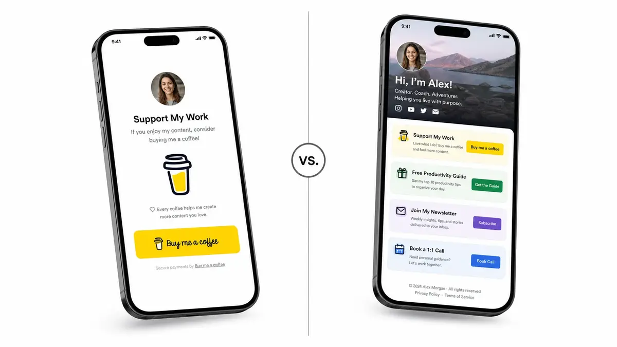 A side-by-side mobile comparison of standard creator funding pages versus a highly customized buy me a coffee alternative.