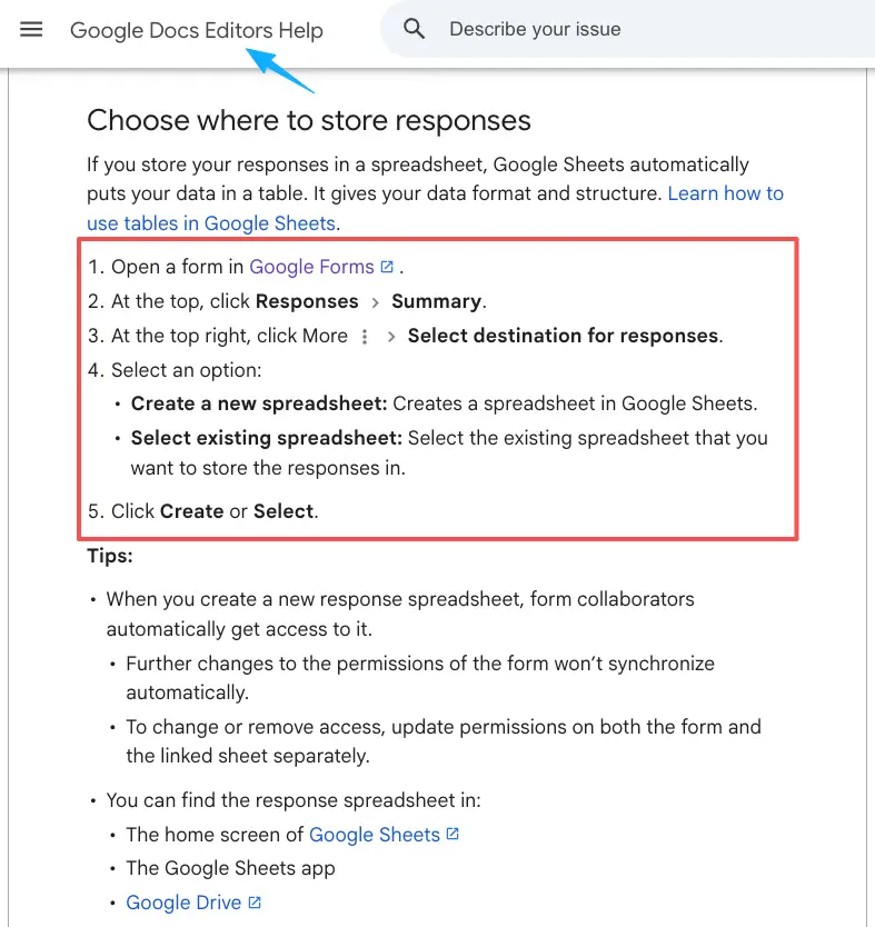 Google forms help guide explaining how to link your trade show lead form template responses to a new spreadsheet.